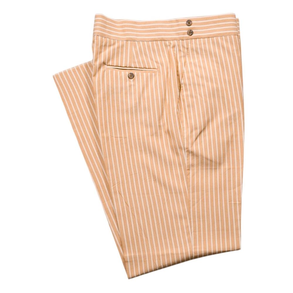 Mens Gurkha Pants 34 Tan White Stripe Cotton High Waist Straight Fit Flat Front